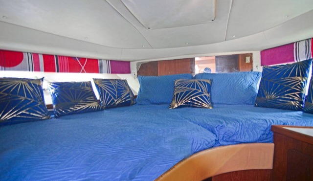 Very luxurious accommodation on a boat, room, bathroom and fine wood finishes.